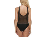 Stripes Mesh Splicing Monokini Swimwear - Black