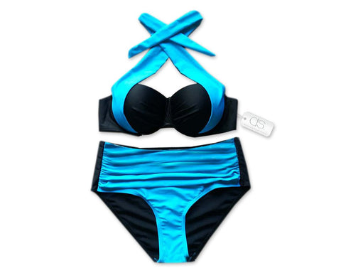 Double Colored High Waist Halter Bikini Set - Ice Blue