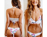 Wireless Floral Printed Halter Bikini Set - White