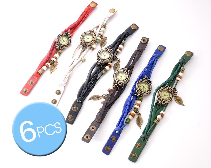 6 Pcs Retro Leaf Women Weave Wrap Leather Bracelet Wrist Watches