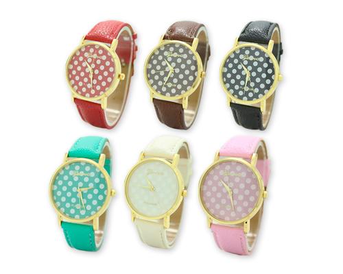 6 Pcs Geneva Women Candy Color Polka Dots Leather Alloy Wrist Watch