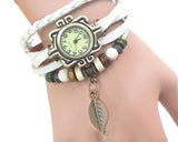 Retro Leaf Women Lady Weave Wrap Leather Bracelet Wrist Watch