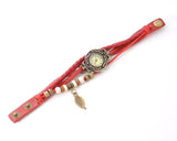 Retro Leaf Women Lady Weave Wrap Leather Bracelet Wrist Watch