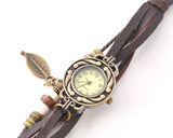 Retro Leaf Women Lady Weave Wrap Leather Bracelet Wrist Watch