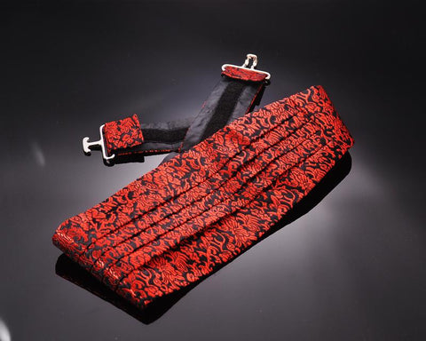 Men Handcrafted Floral Tuxedo Linen Cummerbund - Red