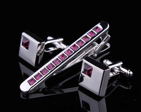 Chic Crystal Cufflinks and Tie Clip Set - Purple